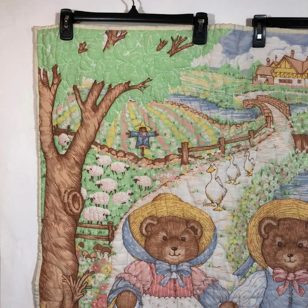 Vintage Quilt Baby Blanket Teddy Bears Bunny AS IS READ Retro Pastel